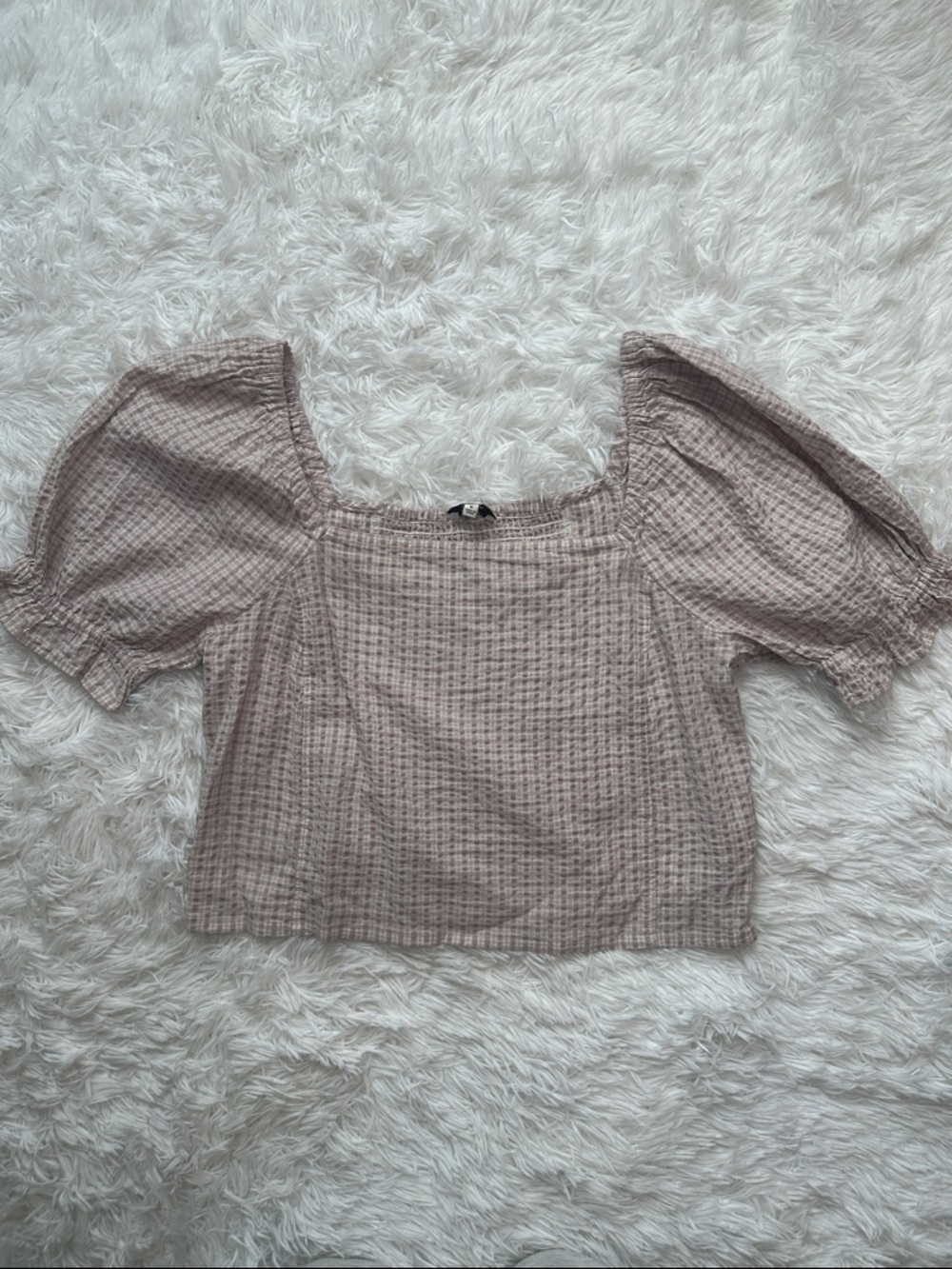 Madewell Dusty Mauve Gingham Puff Sleeve Square Neck Top